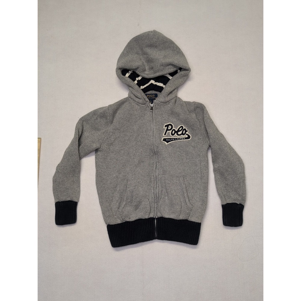 Polo Ralph Lauren Hoodie Kids 7 Grey Zip Big Logo Vintage Y2K Knit Sweatshirt